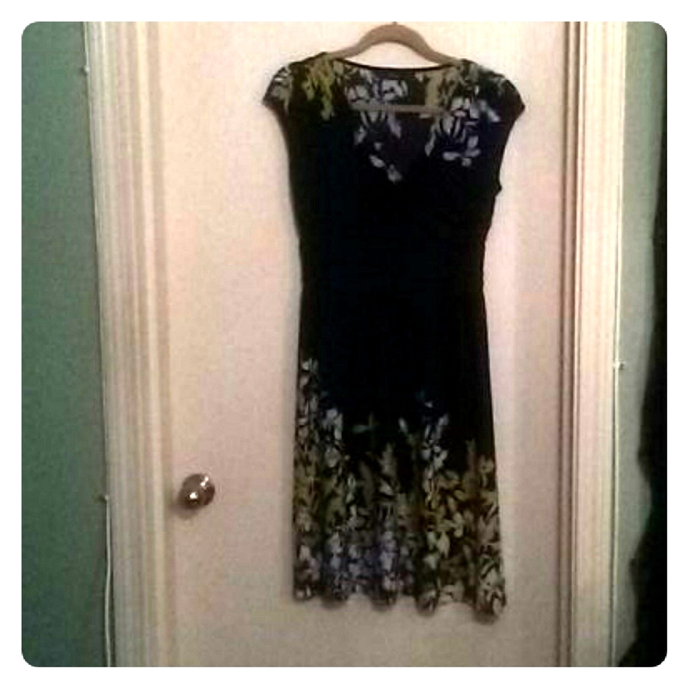 Black cap sleeve dress green purple white flowers